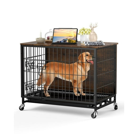 TROPOW 39" Heavy-Duty Dog Crate with Table Top – Indoor Furniture-Style Kennel for Large Dogs up to 70 lbs, Dual Doors, Waterproof Surface, Wheels & Removable Tray