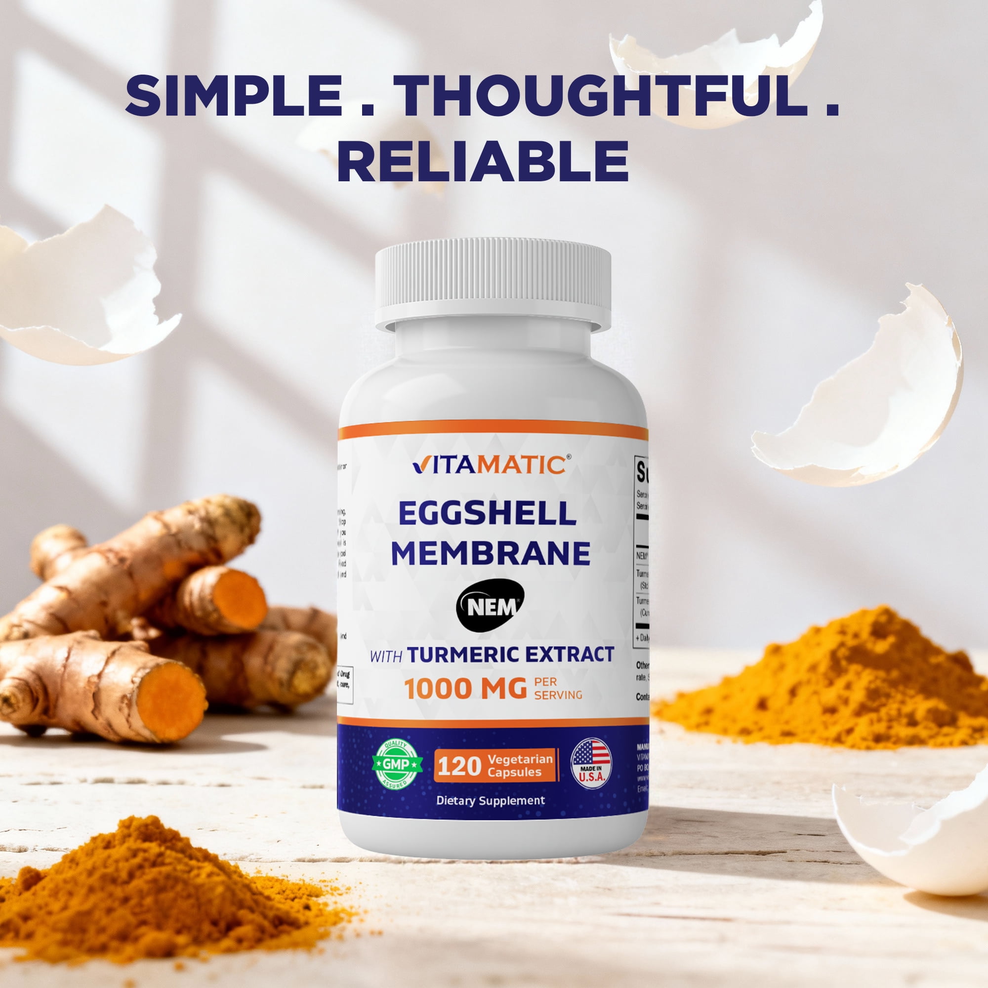 Vitamatic Eggshell Membrane (NEM) with Turmeric Extract | 1000 mg Per Serving | 120 Vegetarian Capsules | Non-GMO | Made in USA