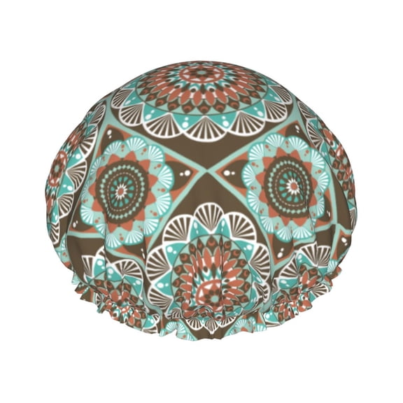 YFYANG Women's Double Waterproof Shower Cap, Blue Vintage Abstract Geometry Reusable Hair Cap for All Hair Styles and Head Sizes