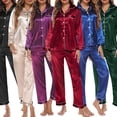 thumbnail image 4 of Women Pajamas Set Long Sleeve Notched Collar Button Down Soft Satin Pjs Sleepwear, 4 of 8