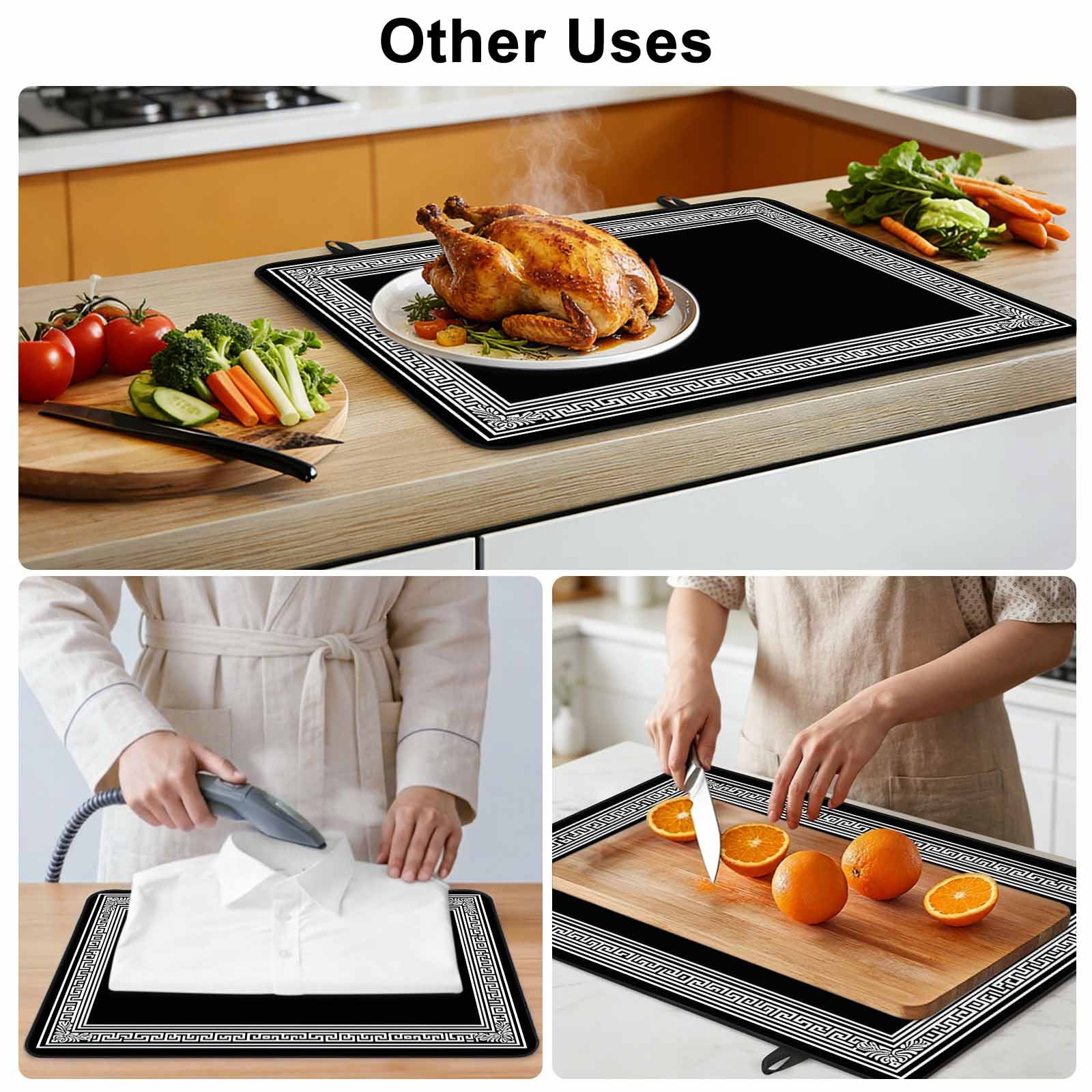 Black Geometric Stove Top Cover for Electric Stove, Heat-proof & Non Slip Glass Top Stove Cover Protector, Country Farm Traditional Chinese Tile Kitchen Flat Cooktop Rubber Mat 28.5x20.5 Inches