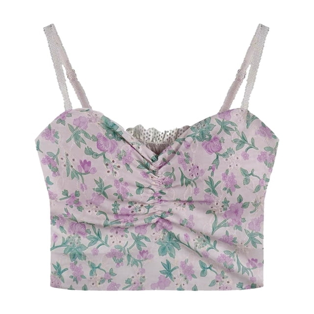 LOVZFMLL Soutiens-Gorge pour Femmes Mode Femmes Imprimé Fleur Anneaux en Acier Coussin Rassembleur Élasticité Camisole Type Intégré Soutien-Gorge Quotidien Violet Taille Unique