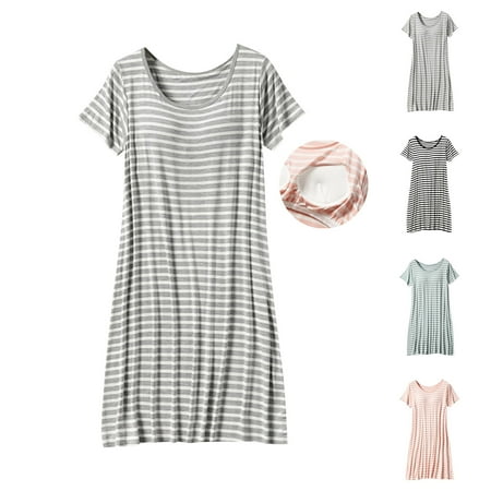 NANAIQ Women s Summer Round Neck Striped Sleep Dress with Built-in Bra Breathable Nightgown for Lounge  Sleepwear & Home Comfort Sexy Pajama Dress & Lingerie Short Sleeve Dress Black M