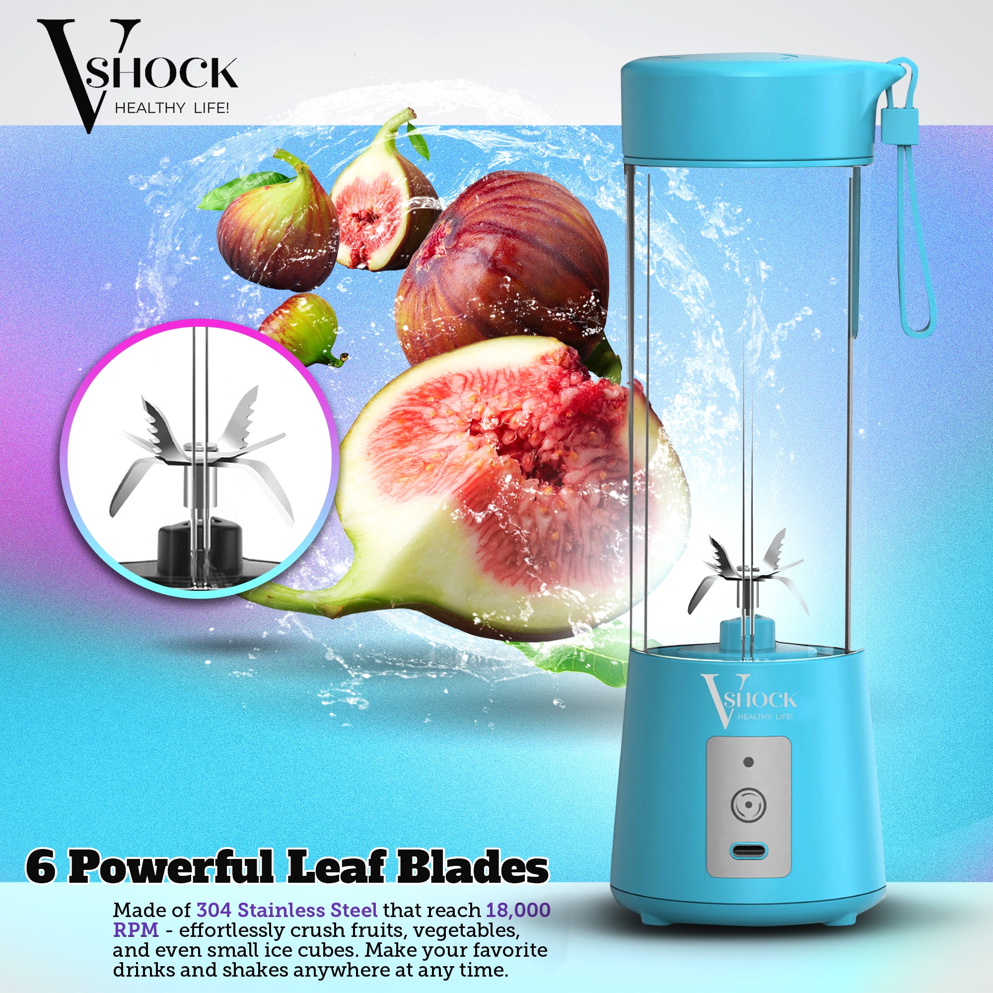 V-Shock Mini Cordless Portable Personal Blender for Shakes and Smoothies,  USB Rechargeable, 16 oz. Jar with Leakproof Travel Lid, 6 Stainless Steel  Blades - Blue 