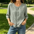 thumbnail image 4 of Cotton Linen T Shirts for Women Elbow Length Sleeve Tops Womens Button Down Crew Neck Summer Fall Tshirts, 4 of 6