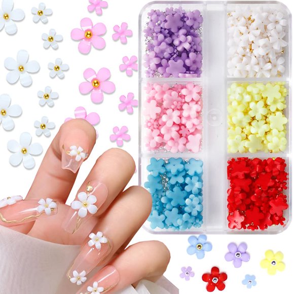 Dijes de uñas de flores 3D, 6 colores, diamantes de imitación de flores acrílicas 3D con cuentas de caviar de perlas doradas y plateadas, diseño de flores de primavera para decoración de uñas