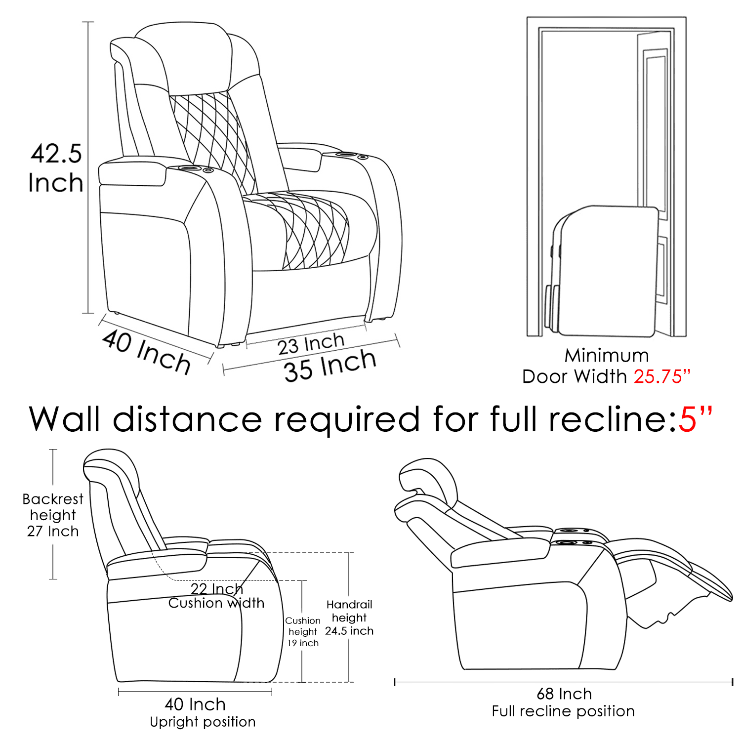 Weilianda Home Theater Seating Top Grain Leather Recliner Chair Dual Power Movie Gaming Sofa Electric Headrest with Tray Table Type-C USB Charge Cup Holders Row of 1 Black