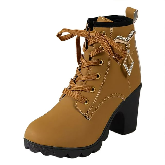 Zapatos Botines de mujer Sólido versátil talla grande tacón grueso tacón medio botas de cuero de manga corta para mujer nuevos botines de moda informales con punta redonda y cordones (Brown 8)