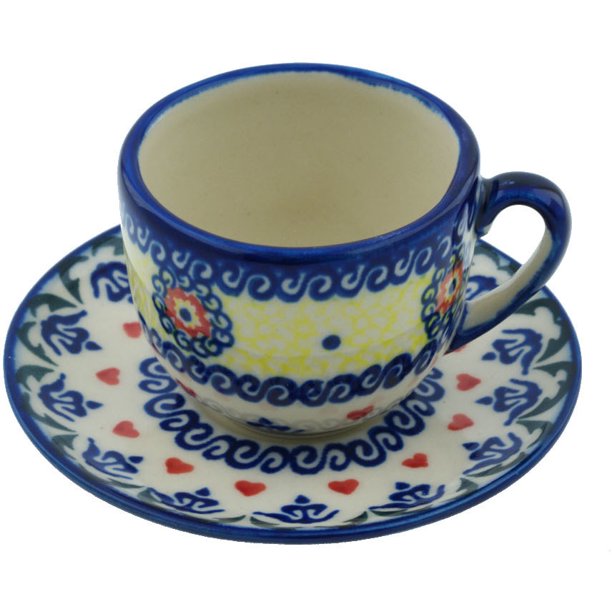 Polish Pottery 2 oz Espresso Cup with Saucer (Hearts Around Hearts