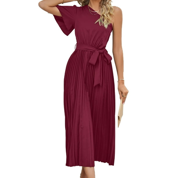 Vestido A Media Pierna Vestidos de playa para mujer, vestidos casuales con cuello de un hombro para cóctel (rojo vino XL) Cgtredaw Para estrenar