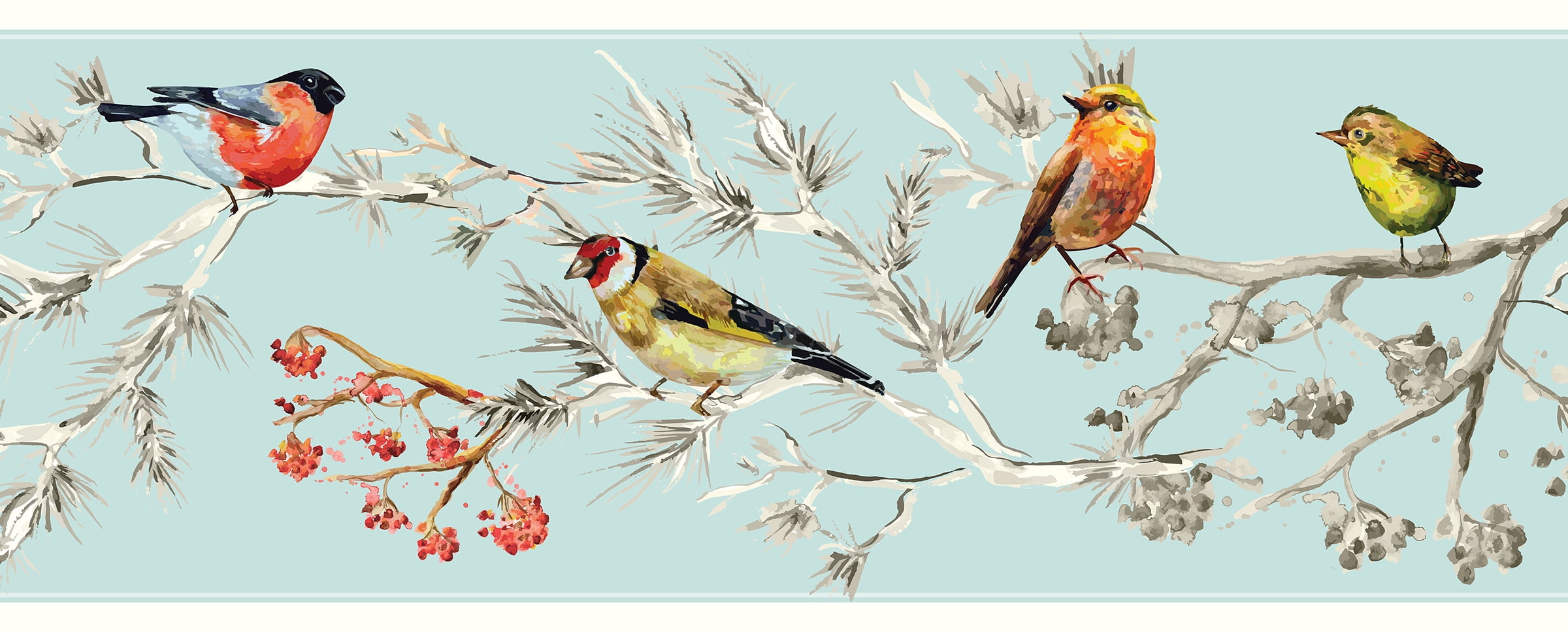 GB30011g8 Grace & Gardenia Birds in PInes Peel and Stick Wallpaper Border 8in Height x 18ft Long, Blue White Pink Yellow