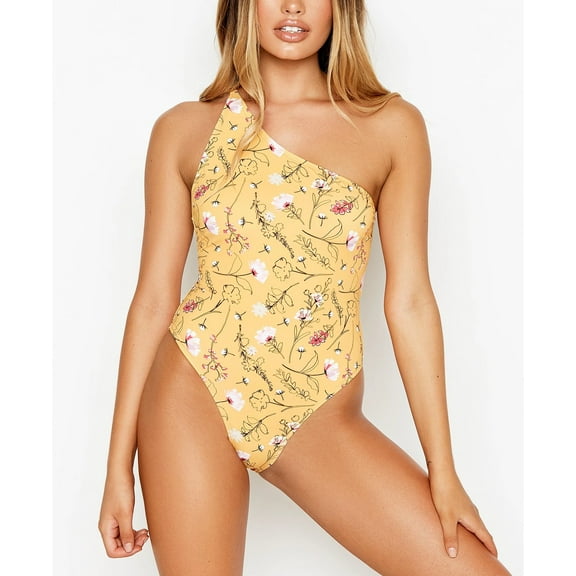RIS-K Women's Yellow Printed Stretch Adjustable Moderate Coverage Bungalow One Shoulder One Piece Swimsuit S