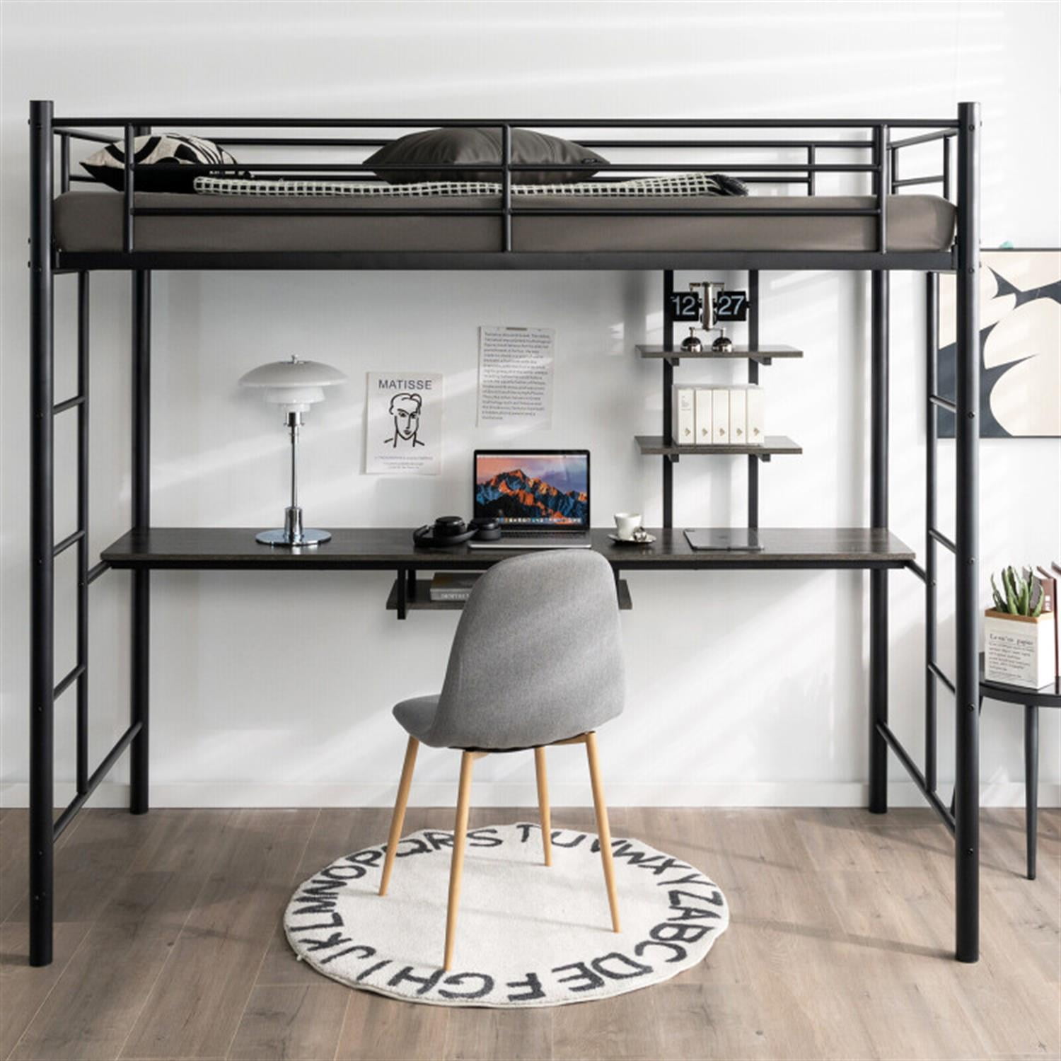 Demi Bonn Twin Size Metal Loft Bunk Bed with Desk Shelf and Full Length Guardrail for Teens, Black