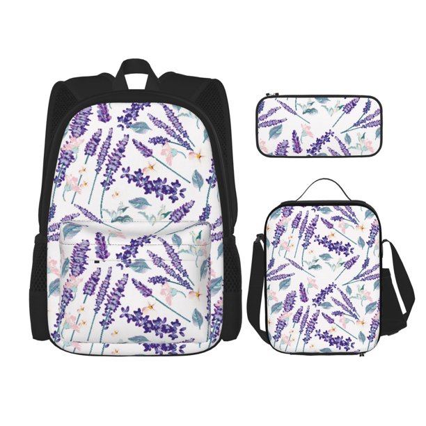 Easygdp Lavender Flowers Mochila para Niños y Niñas con Set de Caja de Almuerzo y Estuche para Lápices 3 en 1, Mochila Escolar Estampada para Adolescentes