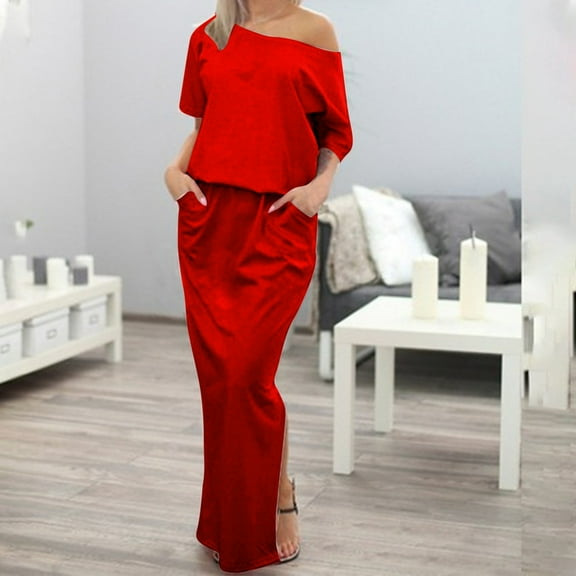 Women's Dresses Women's Solid Color Short Sleeved One Line Collar And Ankle Casual Pocket Summer Dress Womens Summer Dress Red S