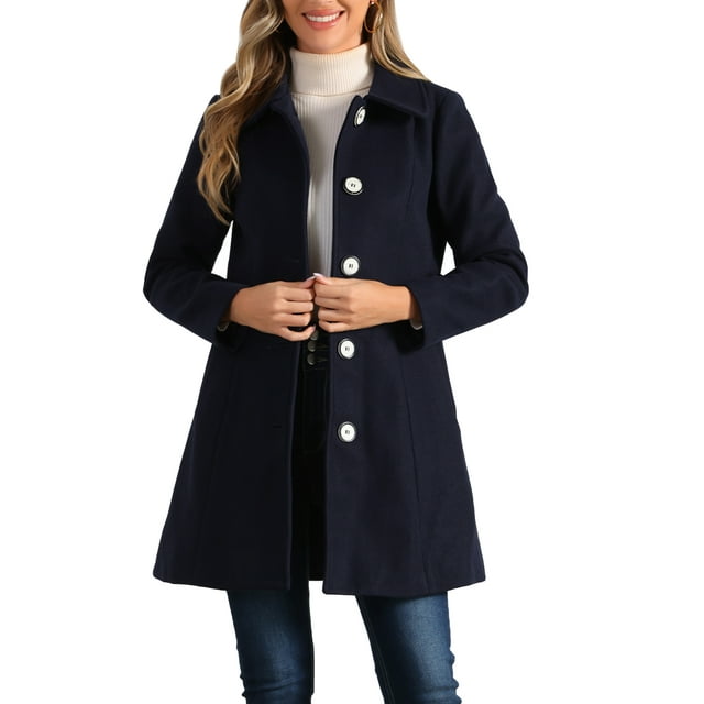 Abrigo largo elegante de invierno para mujer con cuello de solapa en azul oscuro, talla L
