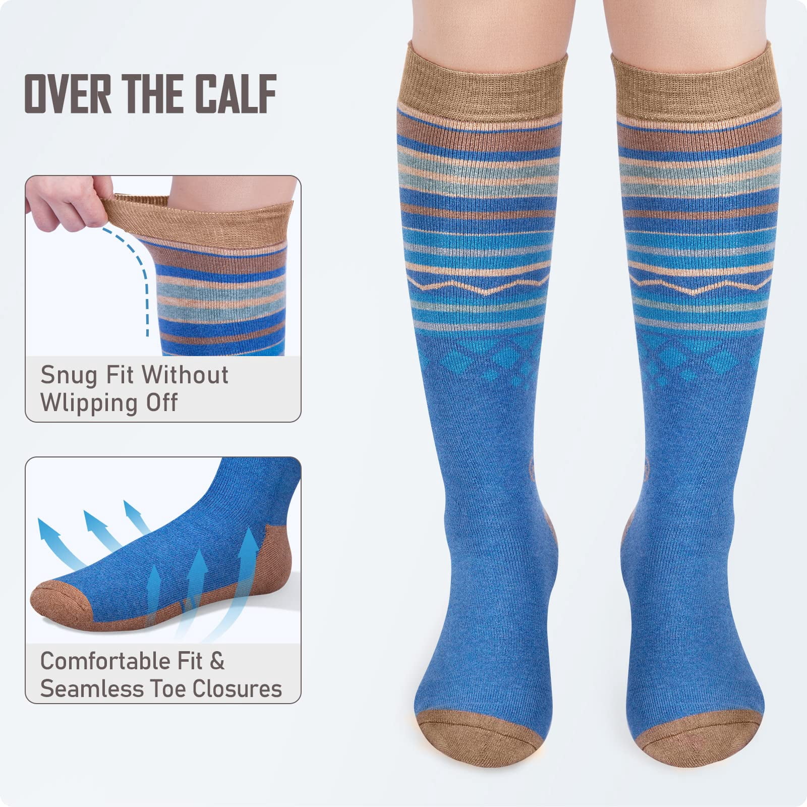 OutdoorMaster Ski Socks 2-Pack Merino Wool, Over The Calf Non-Slip Cuff for Men & Women