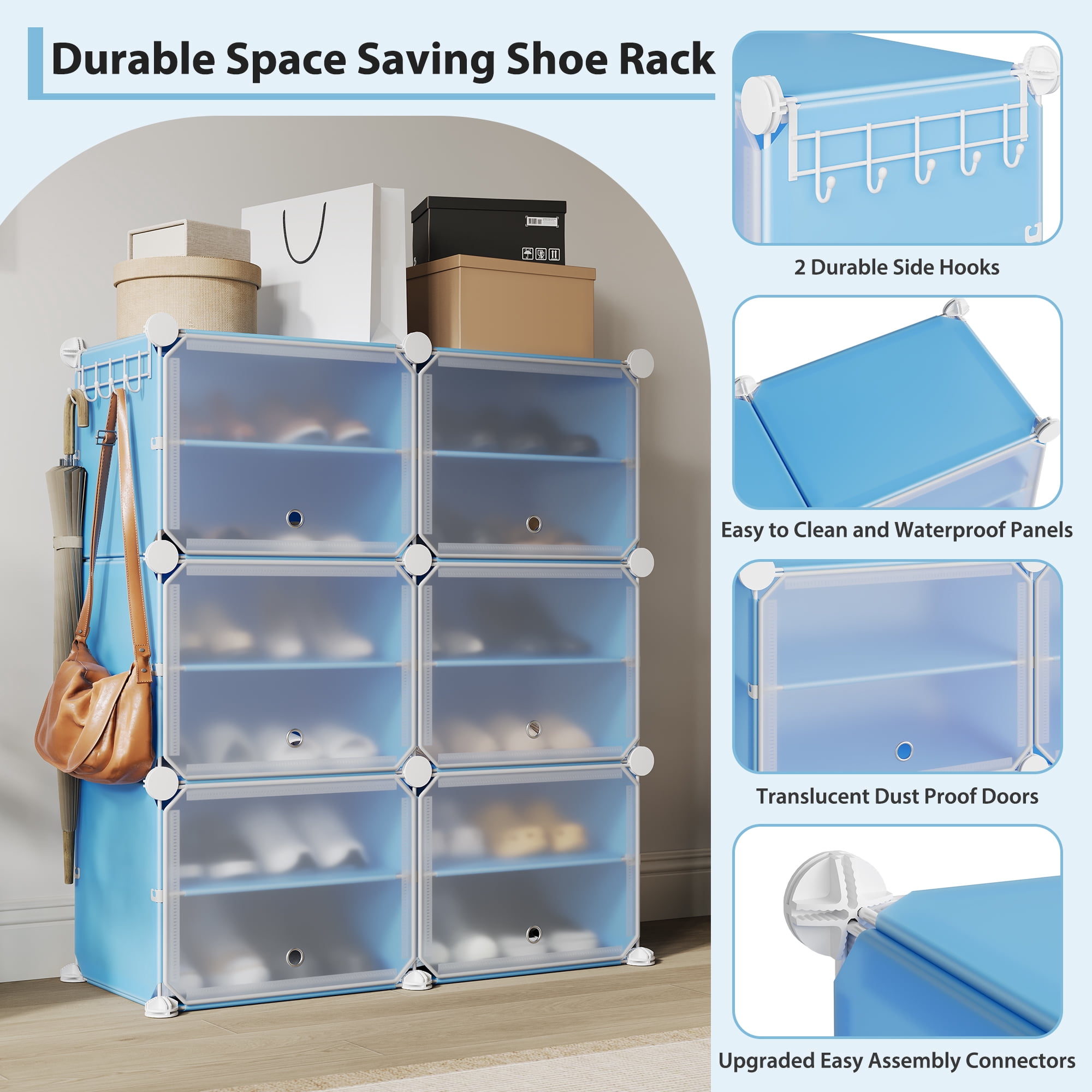 Modular 6-Cube Shoe Storage Cabinet with Doors – 6-Tier Plastic Shoe Organizer – Space-Saving – Easy DIY Assembly – for Entryway, Bedroom, Living Room – Blue