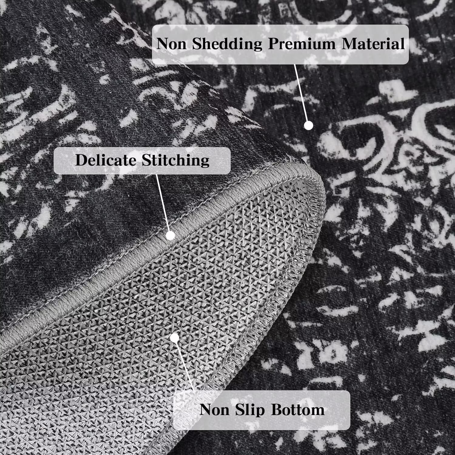 FairOnly 10'x13' Black Area Rugs for Dining Room Vintage Washable Floor Cover Non Shedding Low Pile Carpet for Living Room
