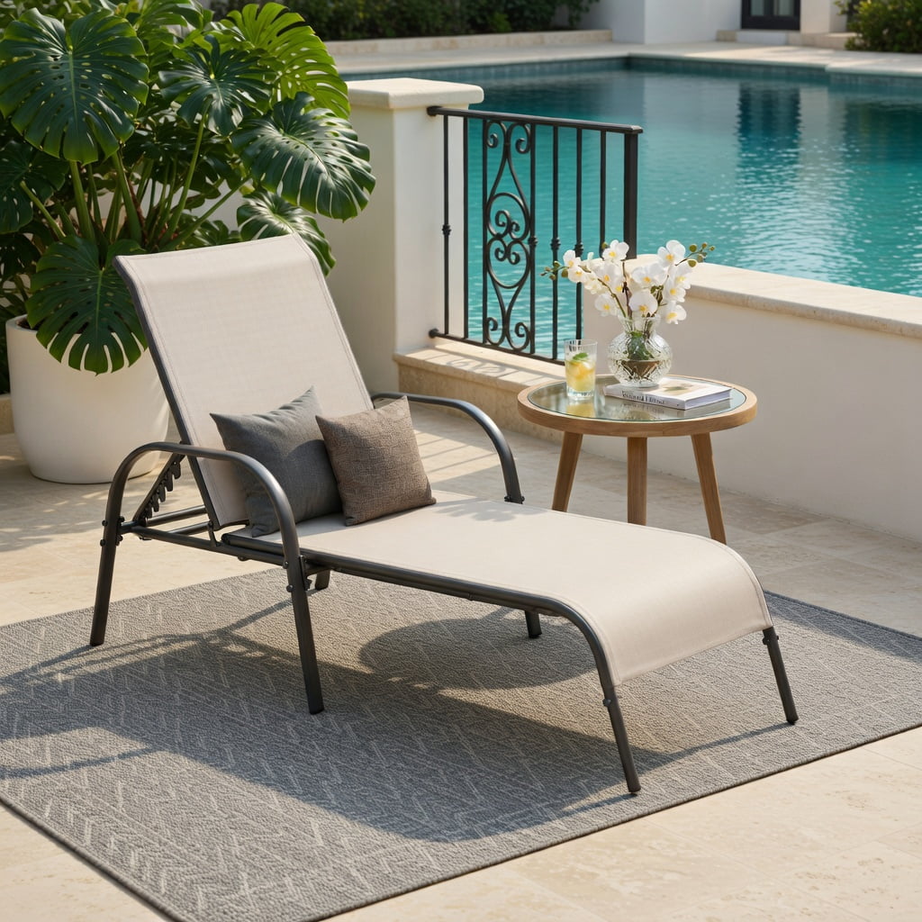 Hommoo Adjustable Folding Patio Chaise Lounge Chair, 5-Position Reclining Backrest, Weather-Resistant Fabric & Powder-Coated Steel Frame, Brown