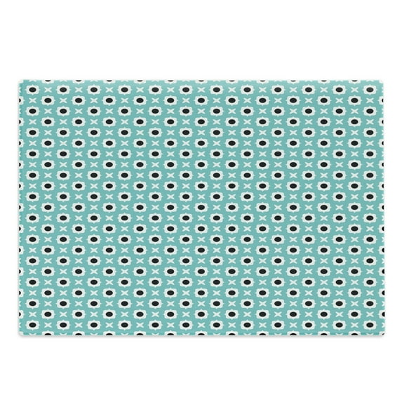 Retro Cutting Board, Abstract Ornaments with Black Dots Inside Floral Motifs Symmetrical Tile, Decorative Tempered Glass Cutting and Serving Board, Large Size, Pale Blue Black White, by Ambesonne