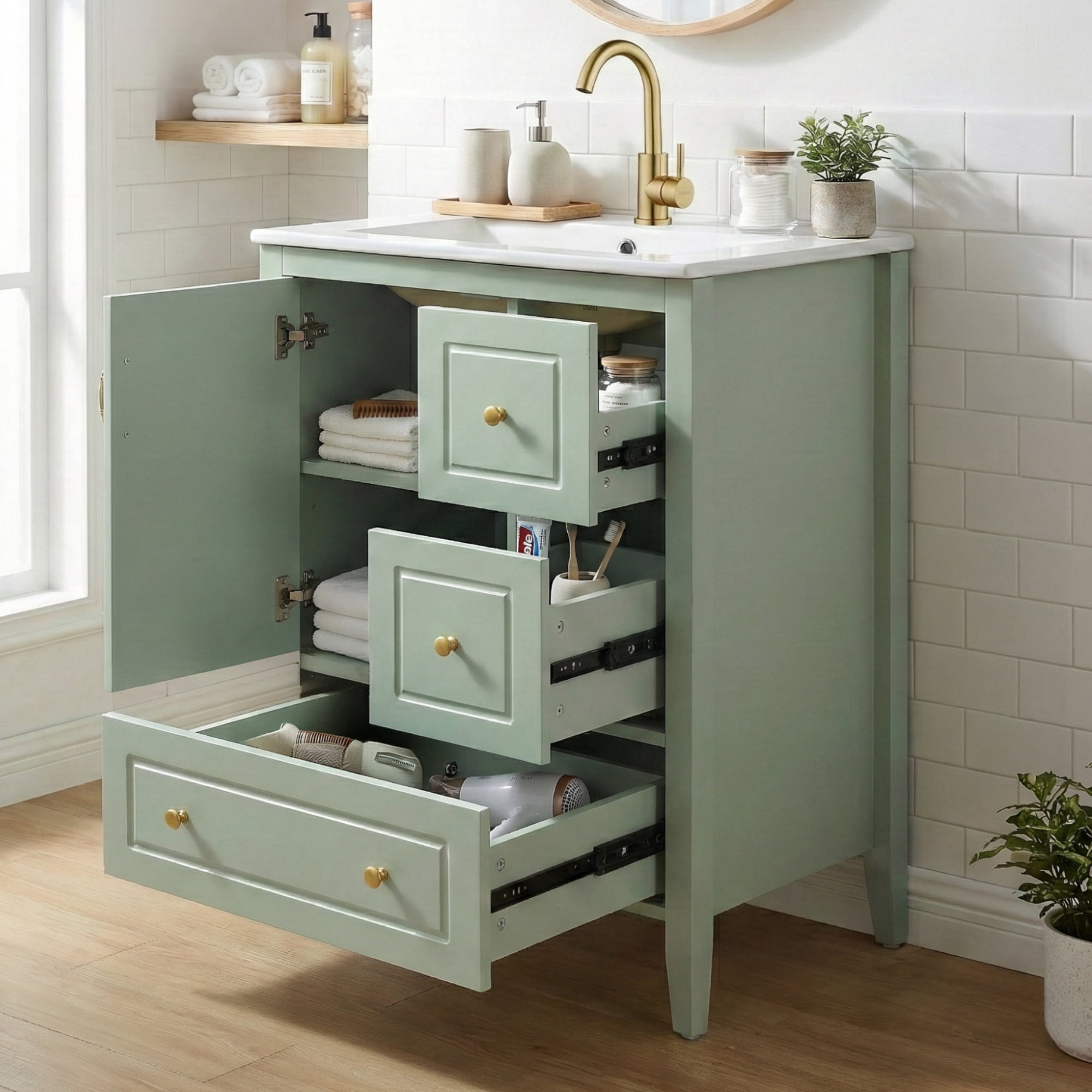Harper & Bright Designs 24" Retro Bathroom Vanity with Sink, Modern Sink Bathroom Vanity with Soft-closing Door & Drawers, Freestanding Bathroom Storage Cabinet with Ceramic Basin, Light Green