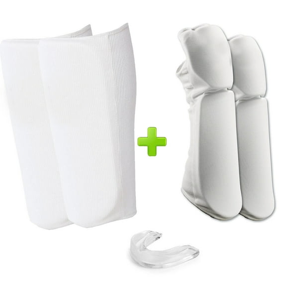 White Taekwondo, Karate Sparring Gear Set - Shin / Forearm Guard Bundle w/ Mouthguard