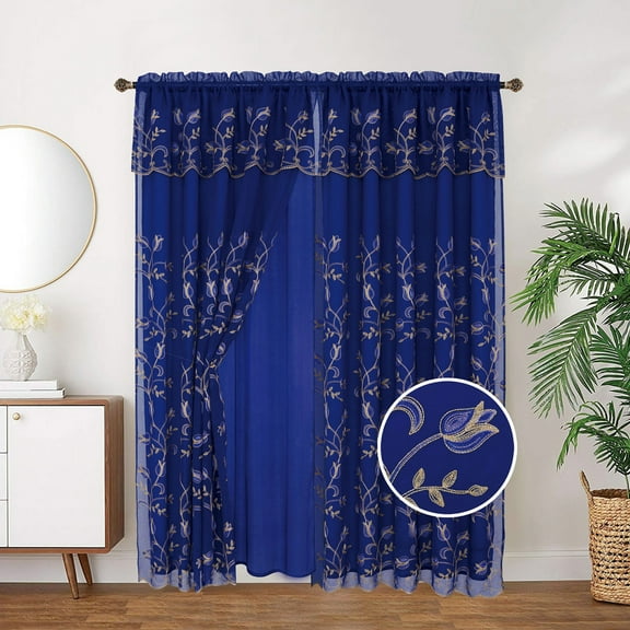 Kylie Embroidered Rod Pocket Window Panel with Attached Valance and Backing, Navy, 54x90 Inches