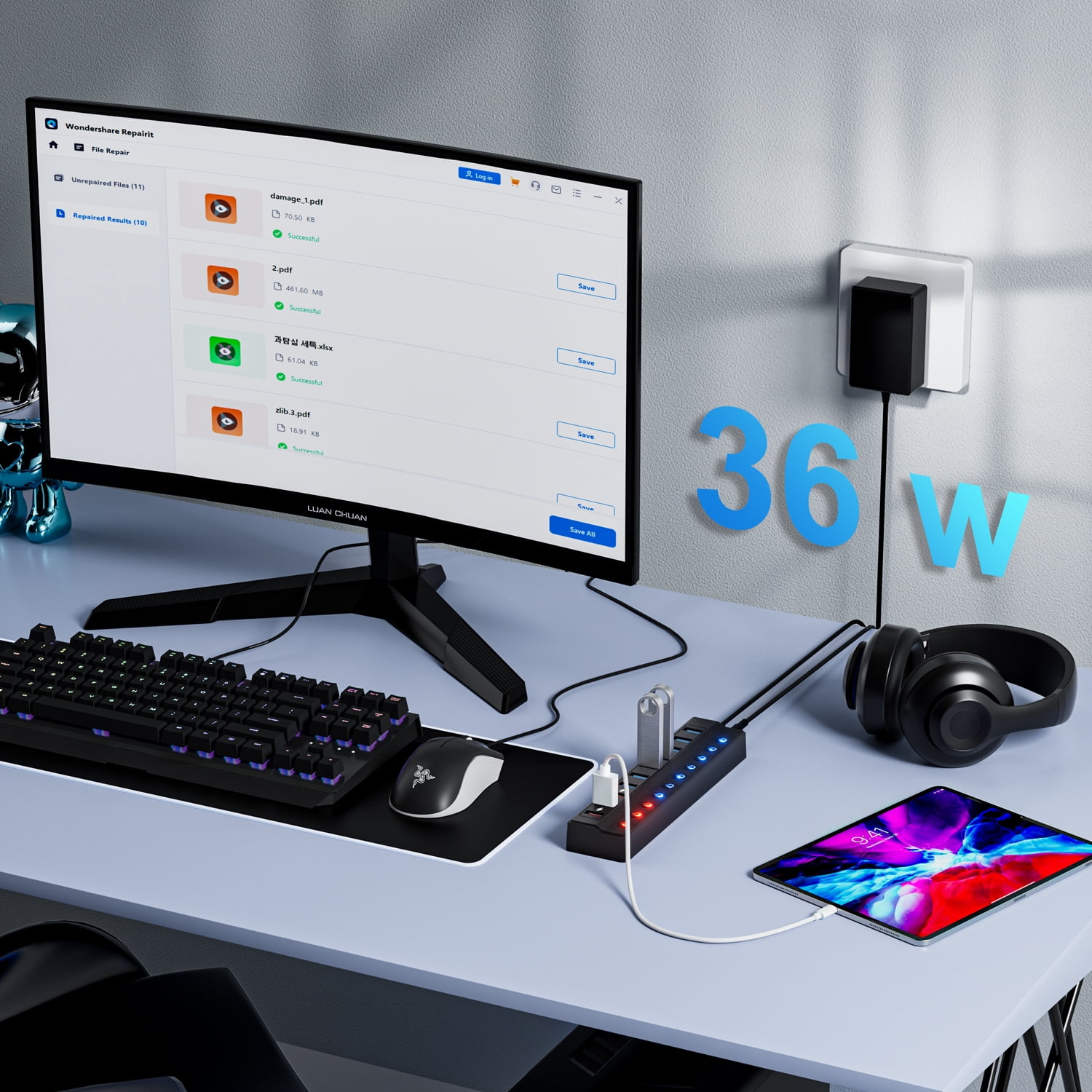 Powered USB Hub 3.0, 10-Port USB Splitter Hub (7 Faster Data Transfer Ports+ 3 Smart Charging Ports) with Individual LED On/Off Switches and 12V/3A Power Adapter USB Extension for Mac, PC and More
