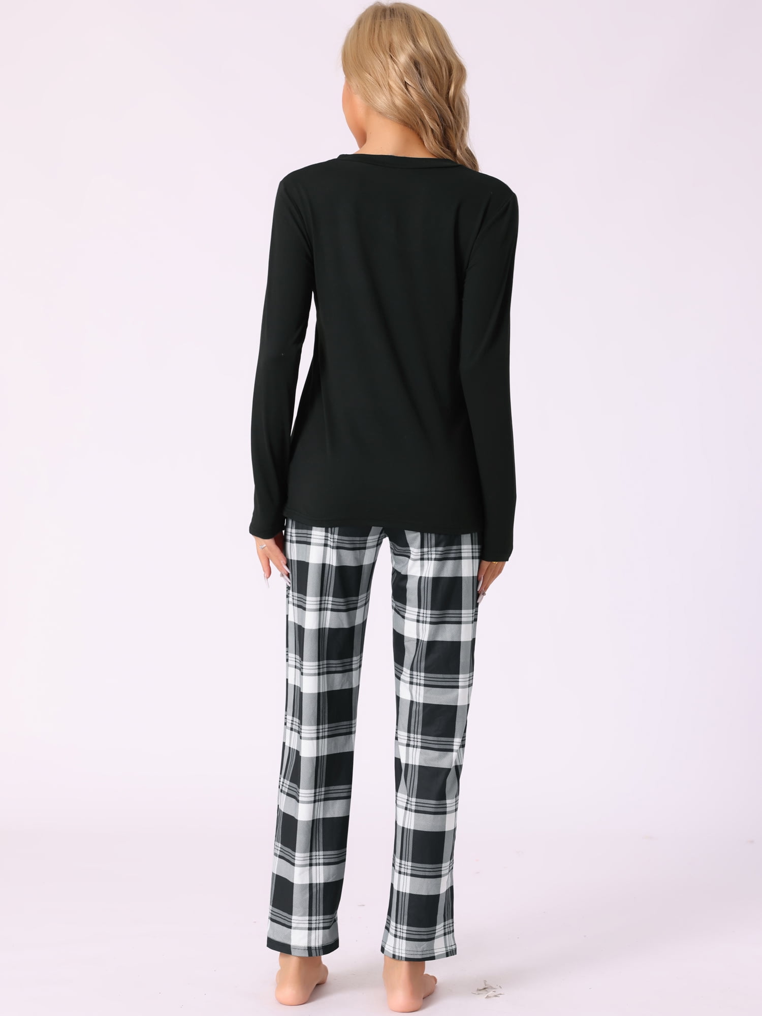 DARING DIVA Women's  Long Sleeve Plaid Soft Fall Pajama Set with Pockets M Black