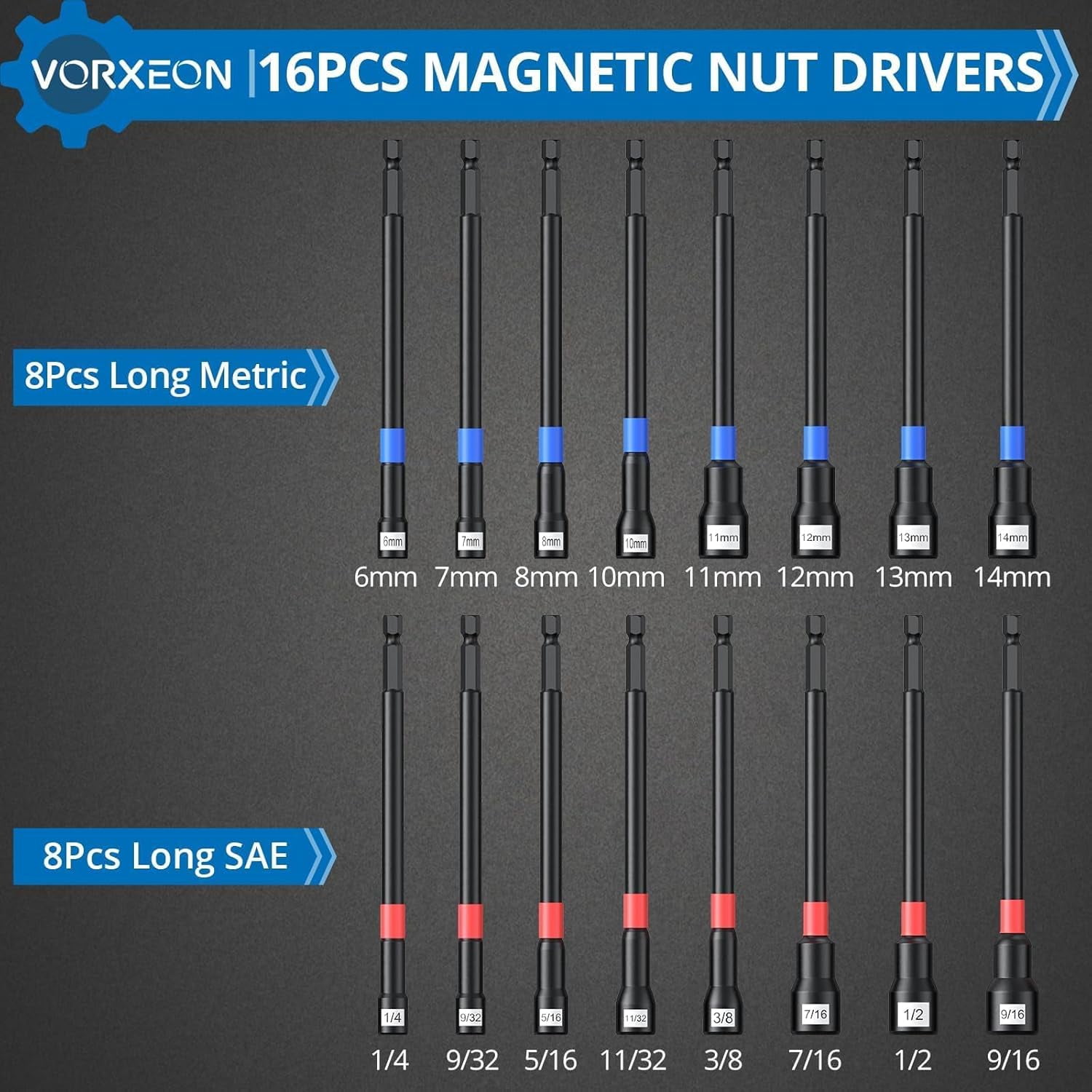 Magnetic Nut Driver Set Metric and SAE Length 65 mm, 23 PCS Impact Drill Driver Bit Set With Socket And Wrenche Adapters, Quick Release Extention, 6 mm to 14 mm And 1/4" to 9/16 "