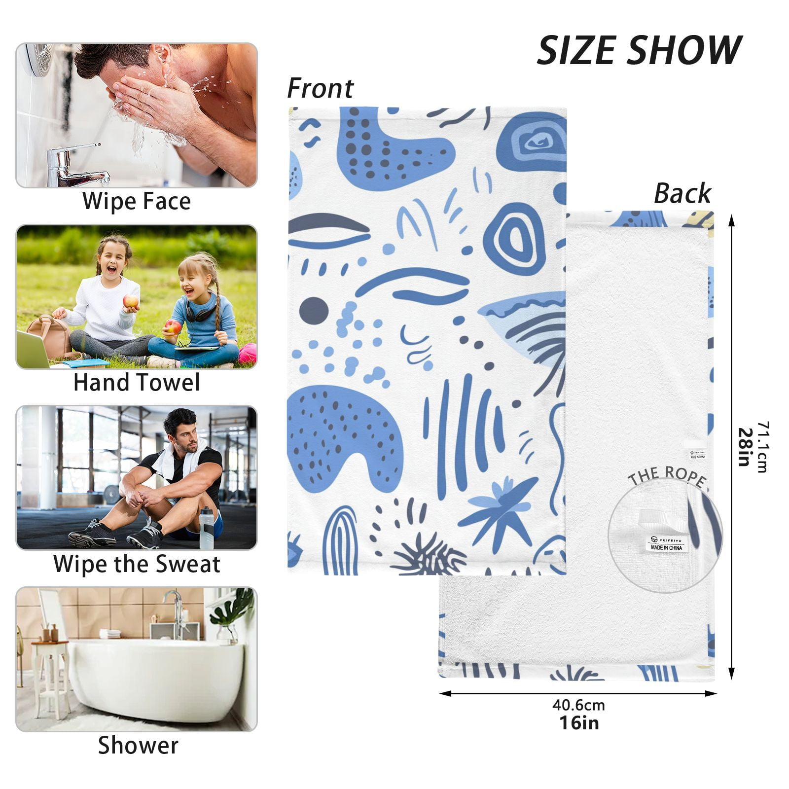 Abstract Blue Shapes Doodles Hand Towels Cotton Bath Towels Large Face Towels Absorbent for Bathroom 2 Packs