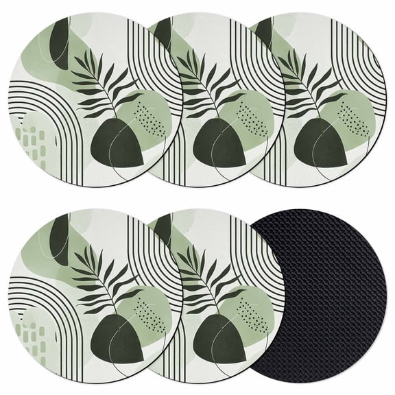 Boho Geometric Coasters Set of 6, Absorbent Coasters for Drinks, Farmhouse Green Abstract Stripes Leaves Coaster for Desk Coffee Table Protection, Home Decor House Warming Gifts 4"