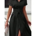 thumbnail image 3 of Women's Button Down Belted Midi Shirt Dress with Pockets Short Sleeve Silhouette Classic Black 95% Polyester 5% Spandex, 3 of 8