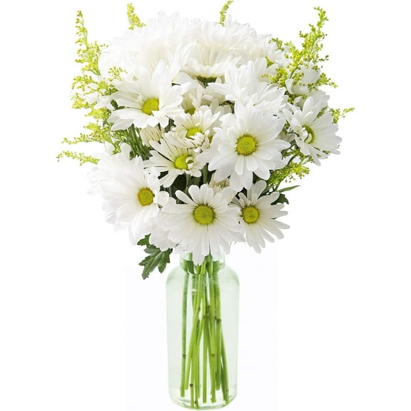 KaBloom : Bountiful Beauty Bouquet of White Daisies and Yellow Aster with Vase