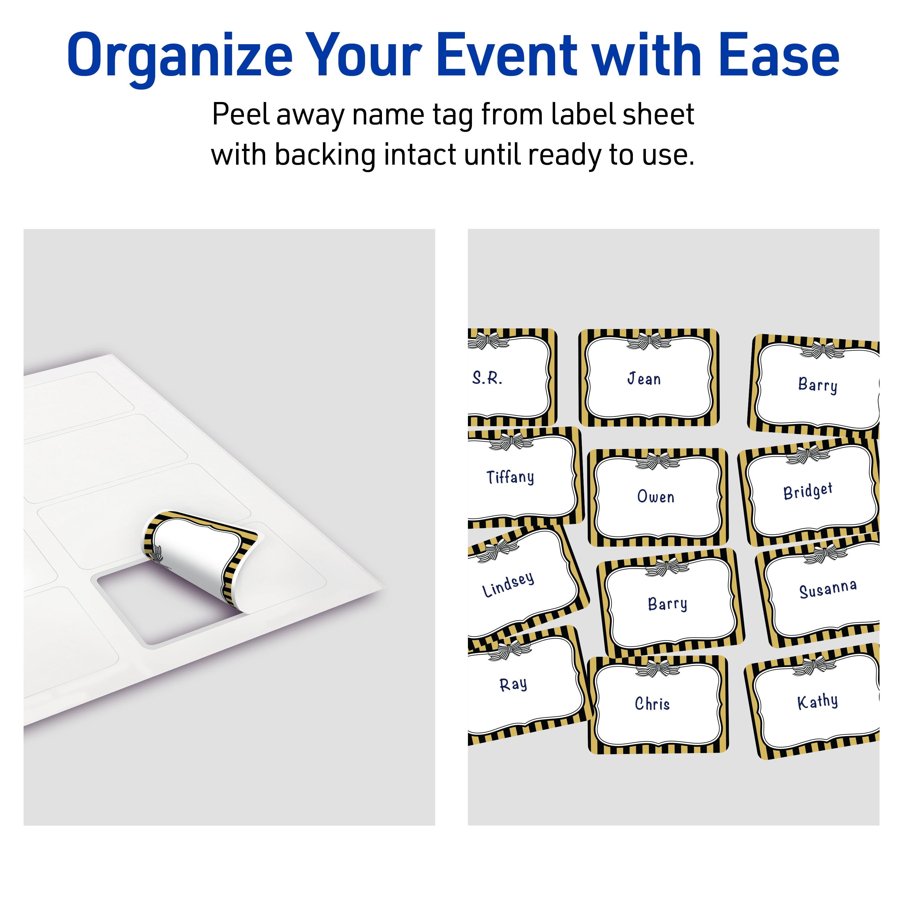 Avery Adhesive Name Tags, Matte White, Gold & Black Stripes/Bow