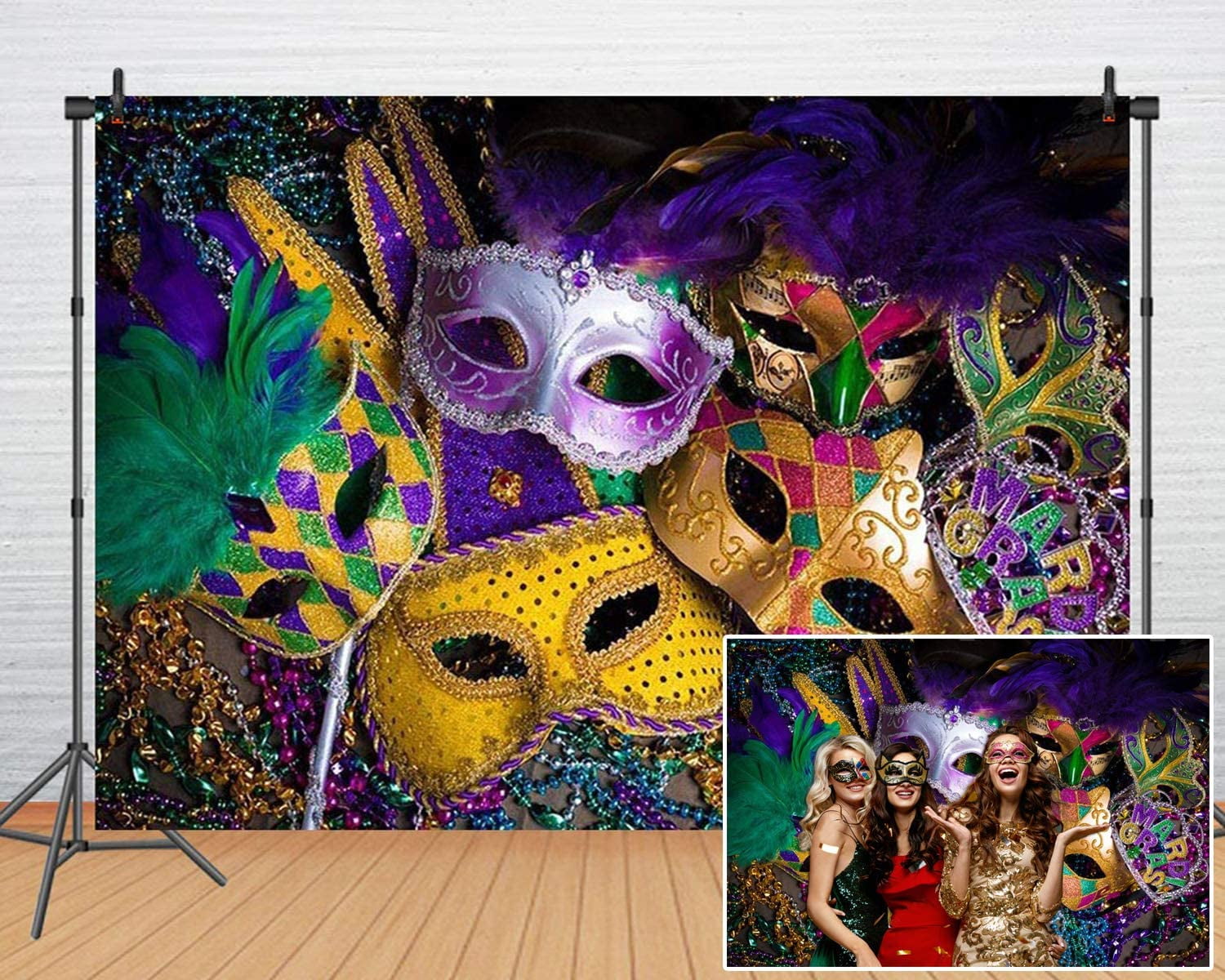 Mardi Gras Backdrop, LONGRV 7 x 5 FT Mardi Gras Theme Photography Backdrop Masquerade Backgrounds Birthday Dancing Party Photo Booth for Wedding Bachelorette Party Decorations Banner