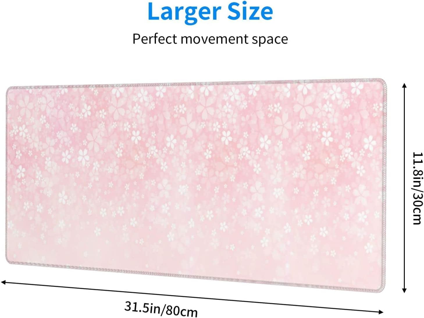 Pink Petals Sakura Blossoms Large Mouse Pads Rectangle Long Extended Big Stitched Edge Gaming Mousepad with Non-Slip Rubber Base for Desktop Laptop Keyboard 31.5 X 11.8 Inch
