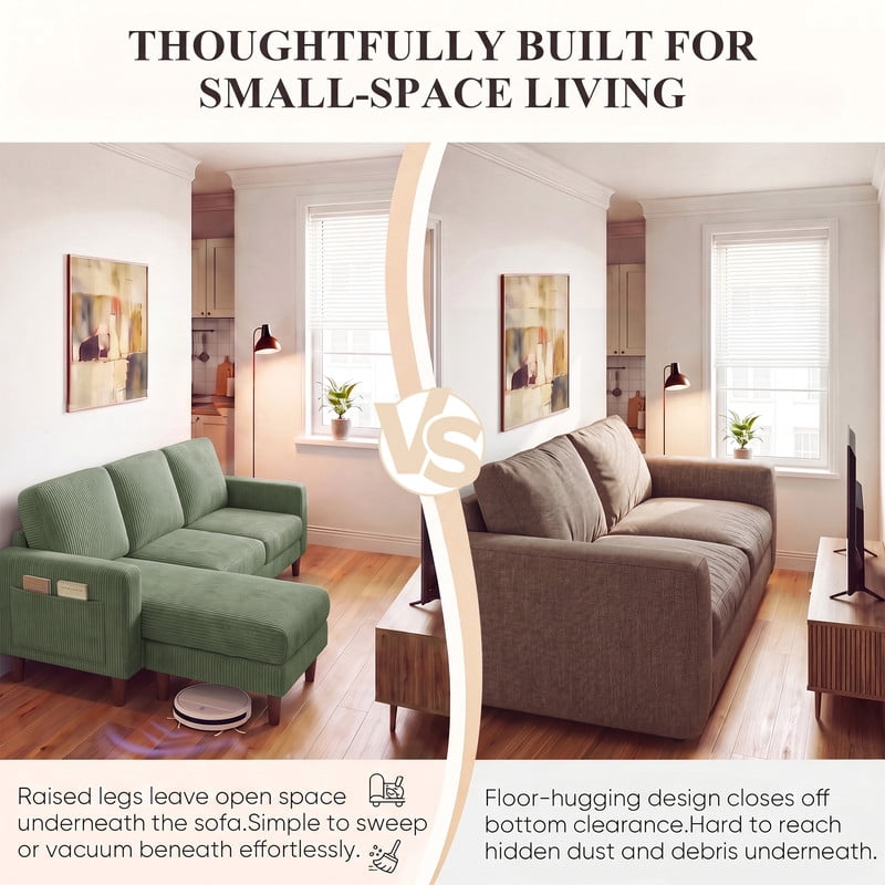 Lacoo L-Shaped Sofa Couch, 72" Modern Reversible Chaise Cloud Sofa with Cushions for Living Room, Apartment and Small Space, Corduroy Green