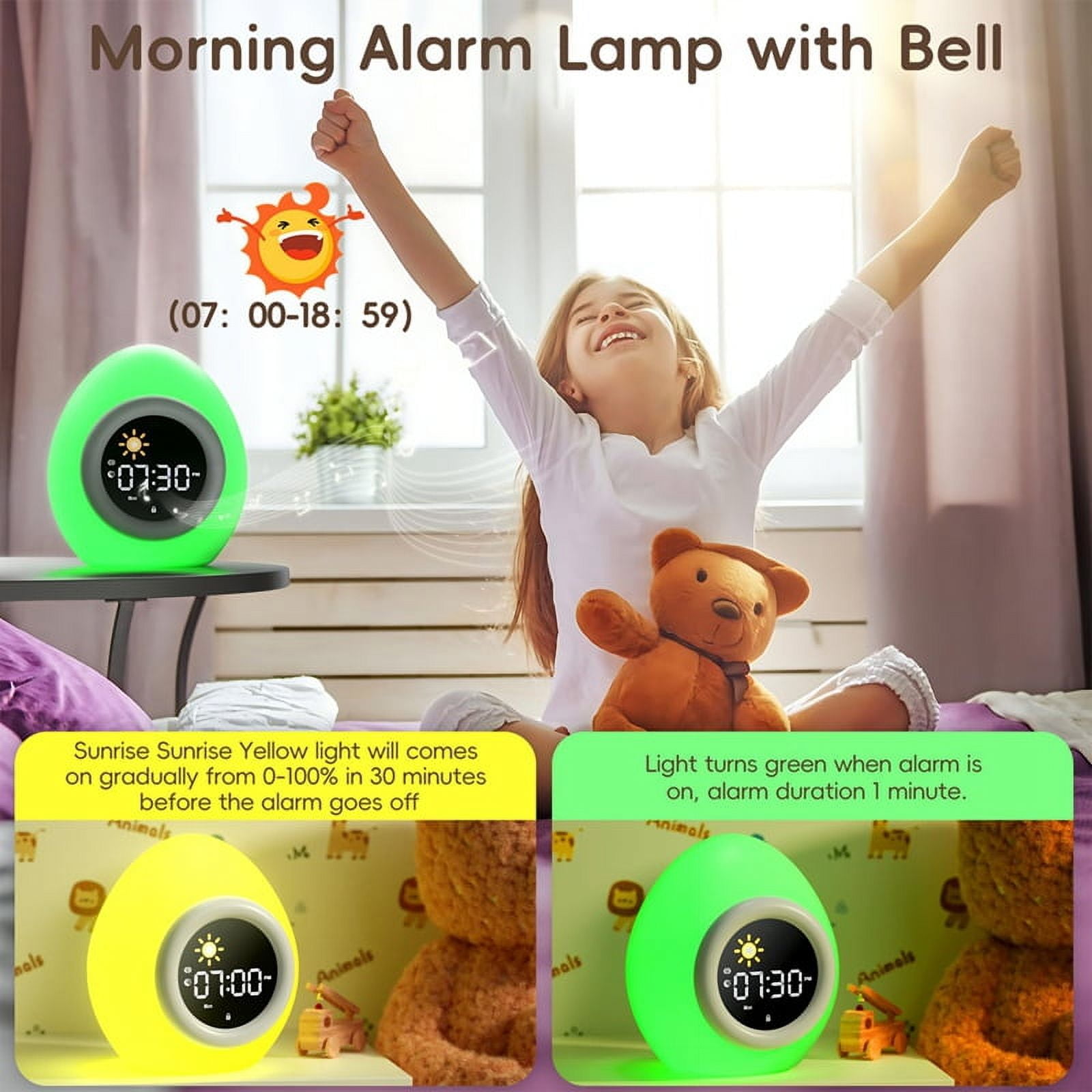 Alarm Clock for Kids Toddlers, Cute Touch Night Light with 6 White Noise Sound Machine, Ok to Wake Clock for Kids