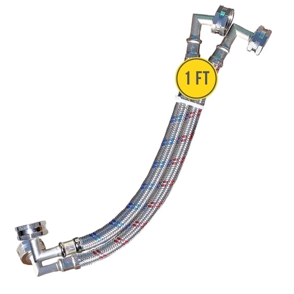 Washing Machine Hoses (1 FT) - Double 90° Elbow to Fit Tight Spaces - OCTAGON Connections for Easy & Secure Tightening - Burst Proof Water Supply Line (2 Pack) - Universal Fit to All Wash Machines