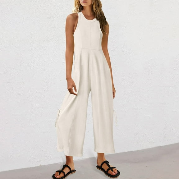 Oalirro Women's Summer Casual Polyester Jumpsuit - Short Sleeve Romper with Pockets, Breathable & Comfortable Playsuit (Asian Sizing)