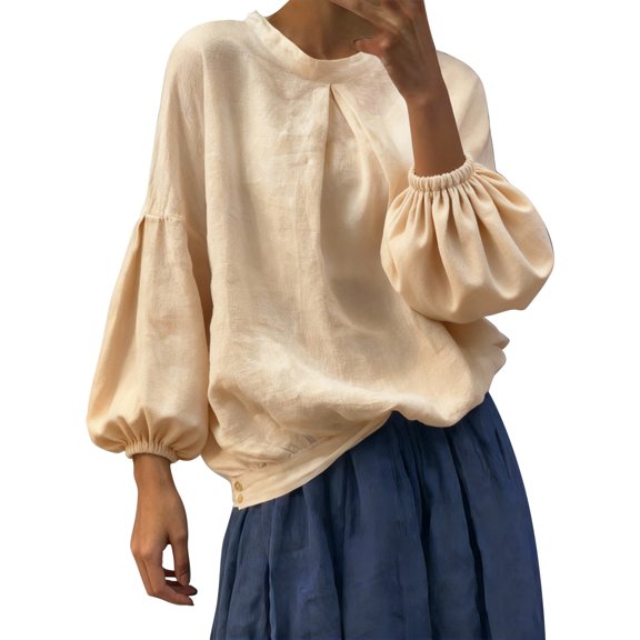 Womens Long Sleeve Shirts Helii Loose Cotton Linen Blouse Puff Lantern Sleeve Round Neck Shirt Travel Vacation Outfit Casual Lightweight Top for Summer Fall | Yellow,L
