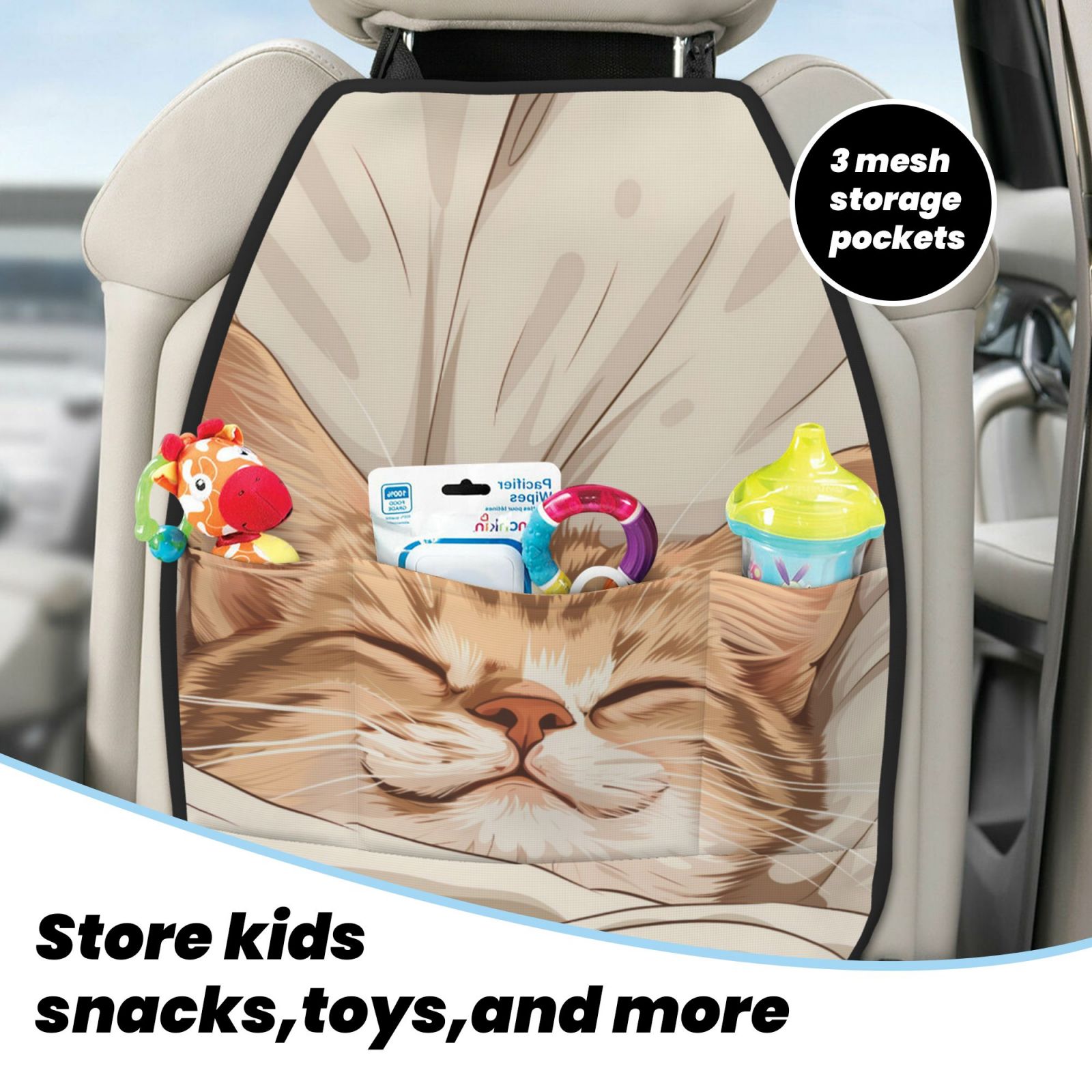 Kdxio Sleeping Cat In Blanket Print 2 Pack Car Kick Mat Seat Cover Back Protector Mat with Pockets for Organizer Backseat Protector and Storage Anti Kick Pad for Vehicles
