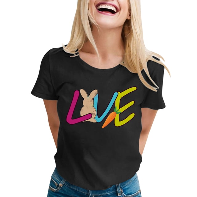 TSADFHJI Hauts pour Femmes Manches 3/4 Décontracté Simple Couleur Unie Col Rond T-Shirt Manches Courtes Impression Drôle T-Shirt Manches Courtes Top S Noir