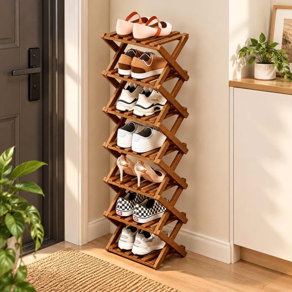 JUANYU Shoes Rack Organizer,Multi Tier Wooden Foldable Storage Rack for Home Shoe Storage with Durable Cross Structure,7-Tier,Tawny