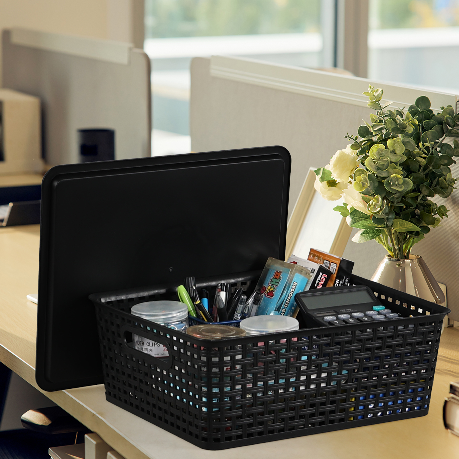 Idotry 6 Pack Large Stackable Storage Baskets with Lids, Plastic Lidded Storage Basket Bins for Shelves Closet Bathroom, 13.86"x 11.42"x 5.24", Black