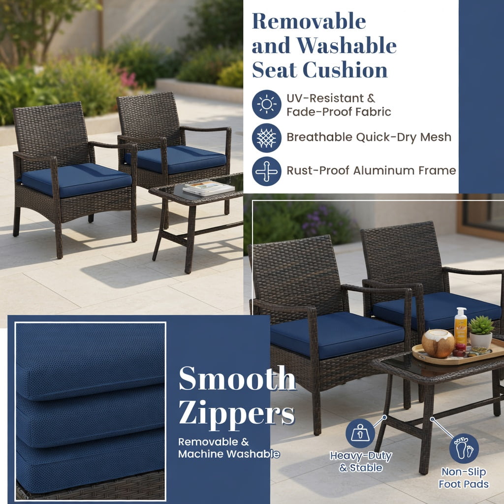 Hommoo 4-Piece Outdoor Wicker Conversation Set with Tempered Glass Coffee Table, Heavy-Duty Metal Frame, Weather-Resistant PE Rattan, Washable Cushions, Navy