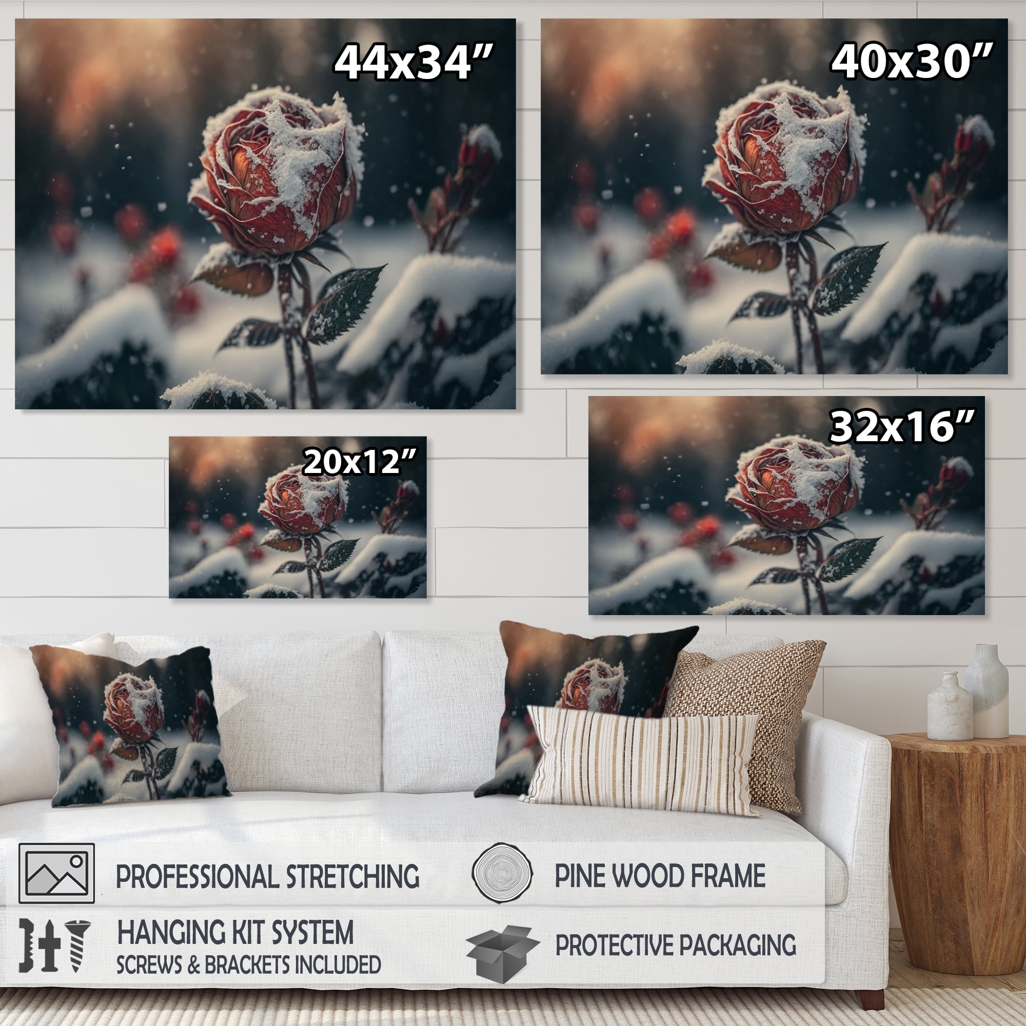 Designart A Blooming Red Rose Flower In Winter II Canvas Wall Art