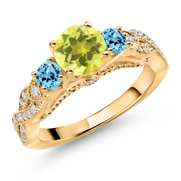 Gem Stone King 18K Yellow Gold Plated Silver Canary Mystic Topaz Swiss Blue Topaz and White Moissanite Engagement Ring for Women (1.57 Cttw, Gemstone, Round 6MM and 3MM, Size 7)